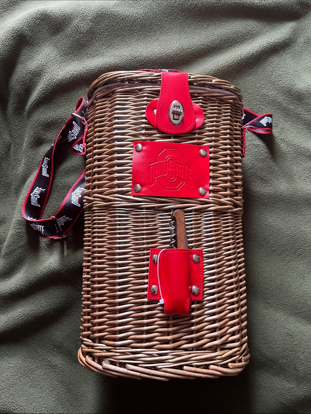 Ohio State Wicker Wine Bottle Cooler Tote Bag with Corkscrew